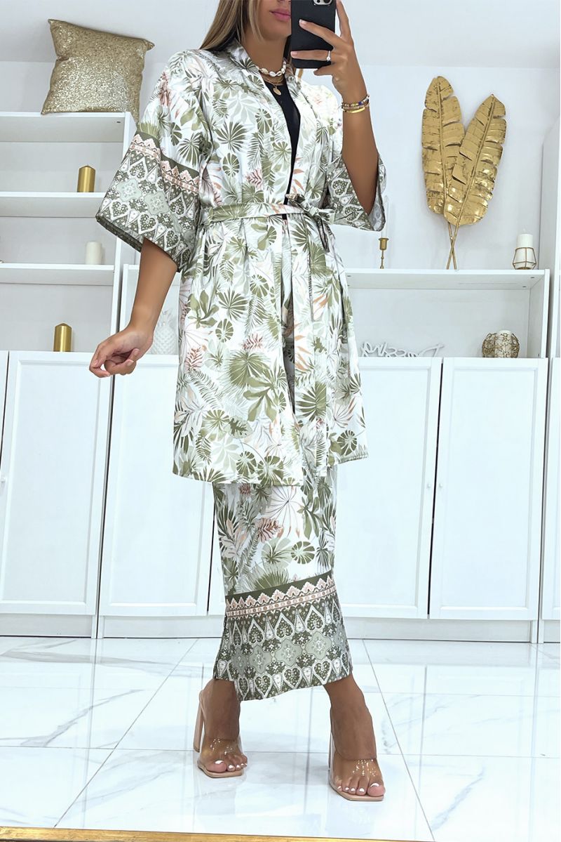 Khaki tropical print kimono set in satin material - 3