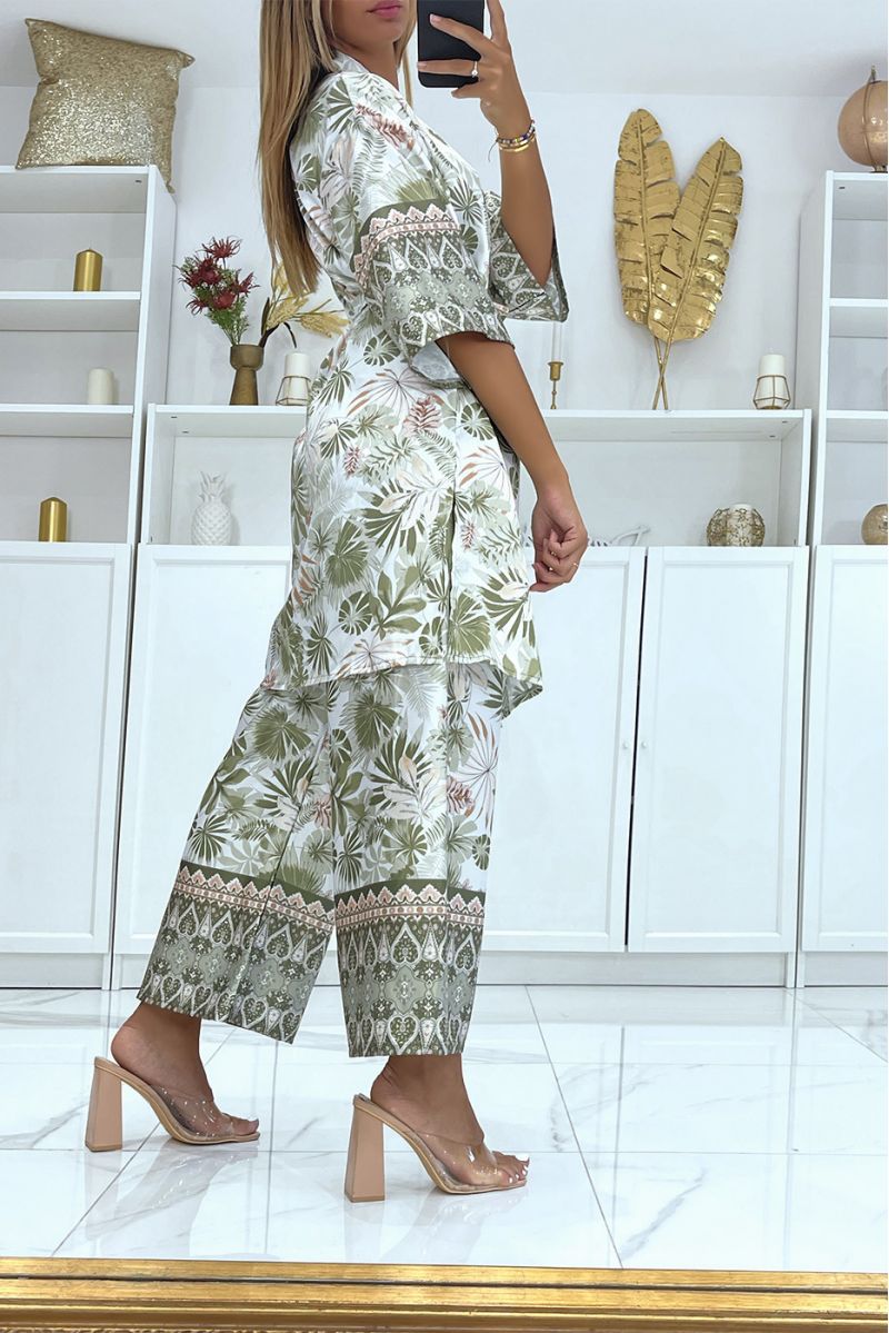 Khaki tropical print kimono set in satin material - 4
