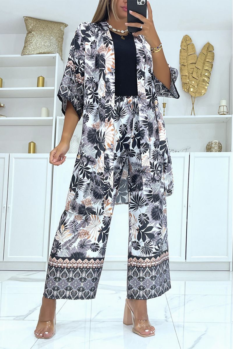 Ensemble kimono noir imprimé tropical matière satiné - 1