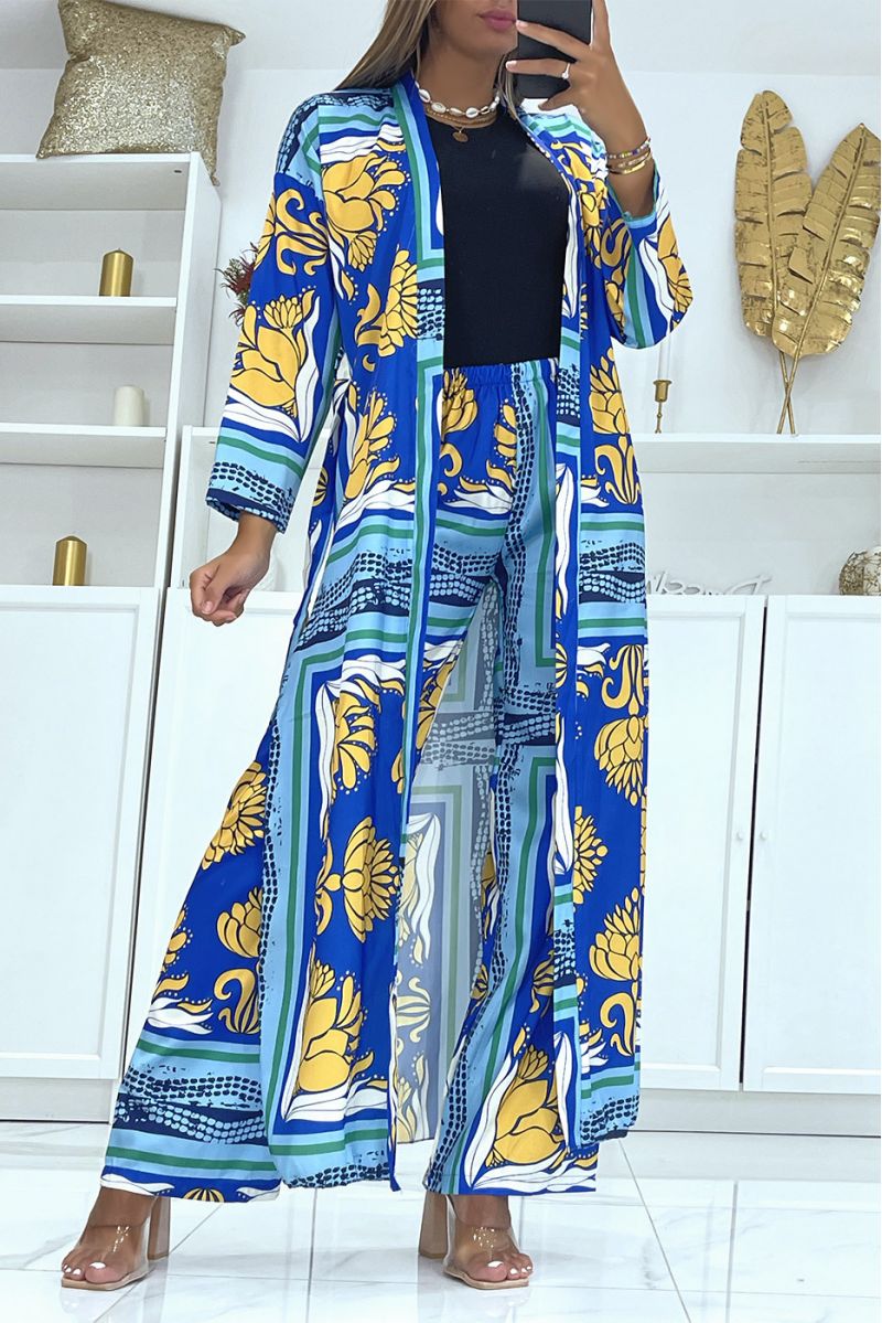 Set van kimono en riem met koningsblauwe print - 1