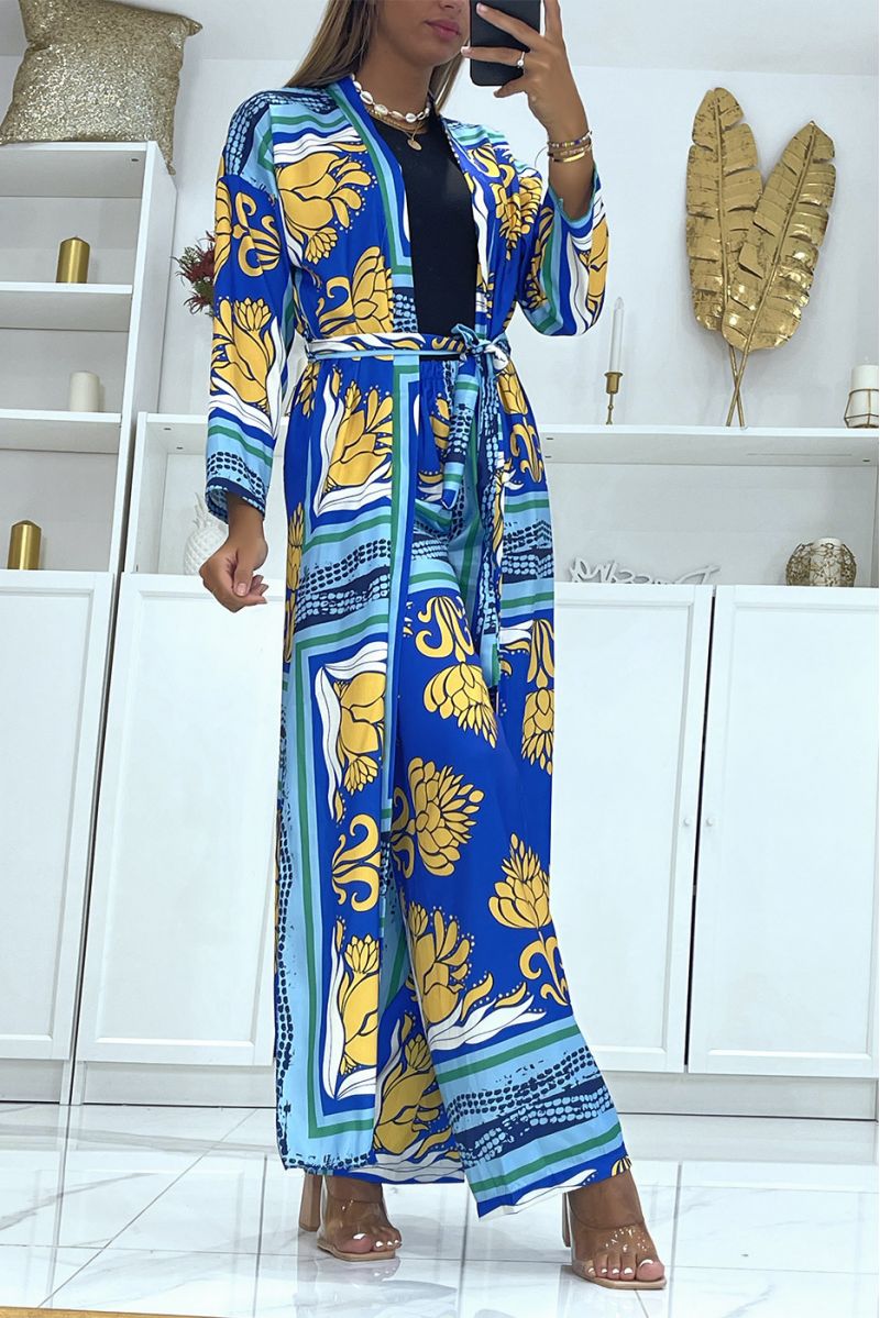 Royal blue print kimono and belt set - 3