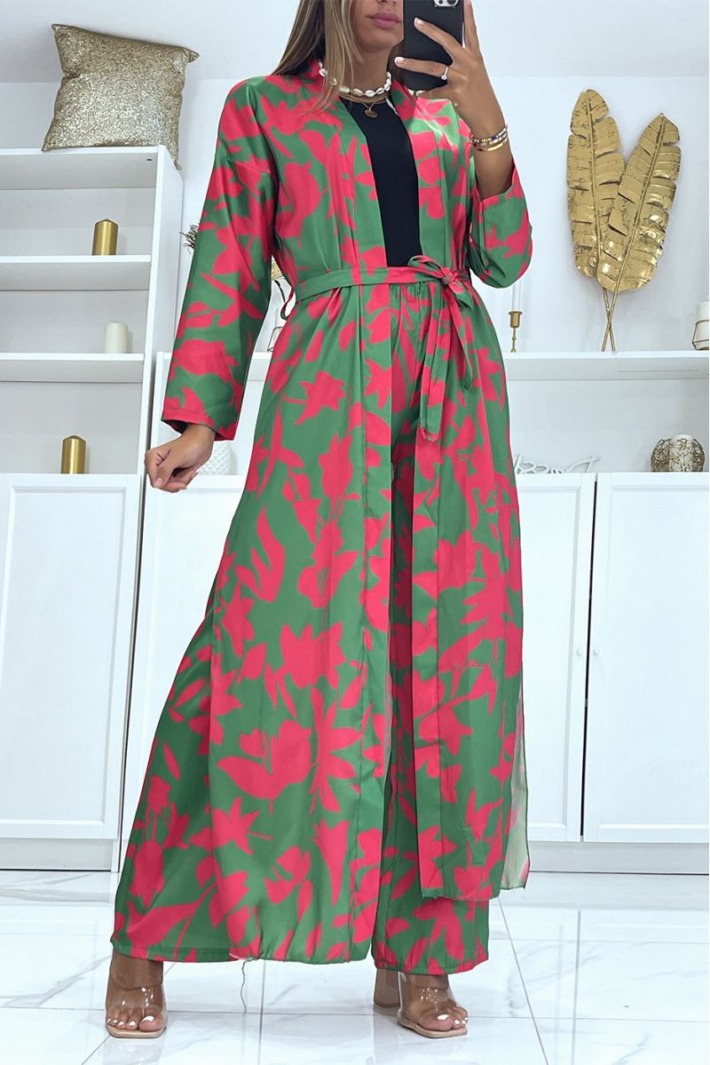 Ensemble kimono à imprimé vert fuchsia et ceinture - 1