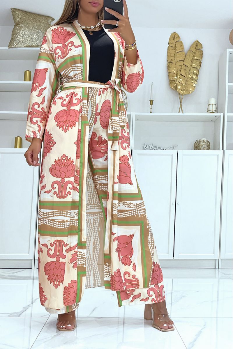 Ensemble kimono à imprimé beige et ceinture - 2