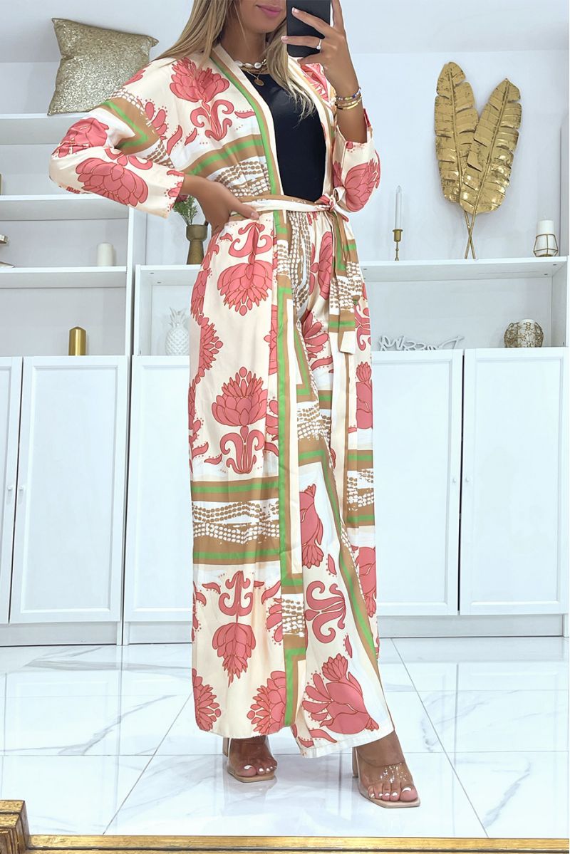 Ensemble kimono à imprimé beige et ceinture - 3