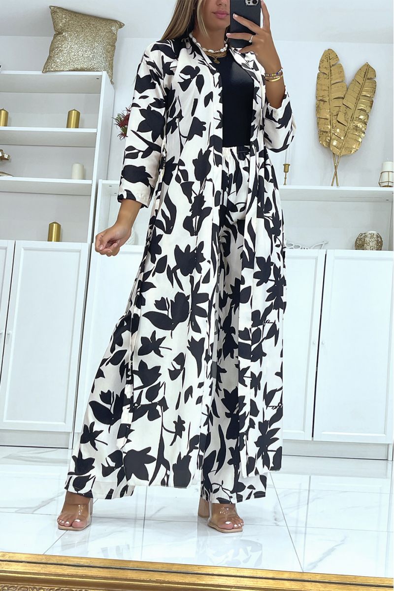 Kimonoset met witte en zwarte print met riem - 1