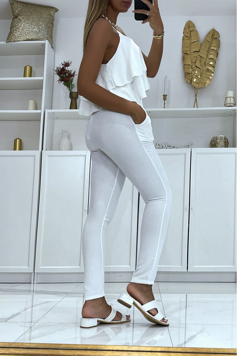 Witte zomerset met soepelvallende crop top en rechte broek - 3