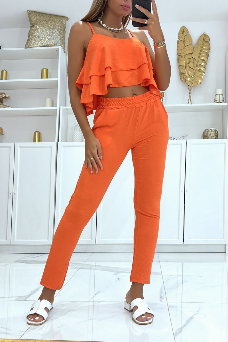 Oranje zomerset met soepelvallende crop top en rechte broek - 1