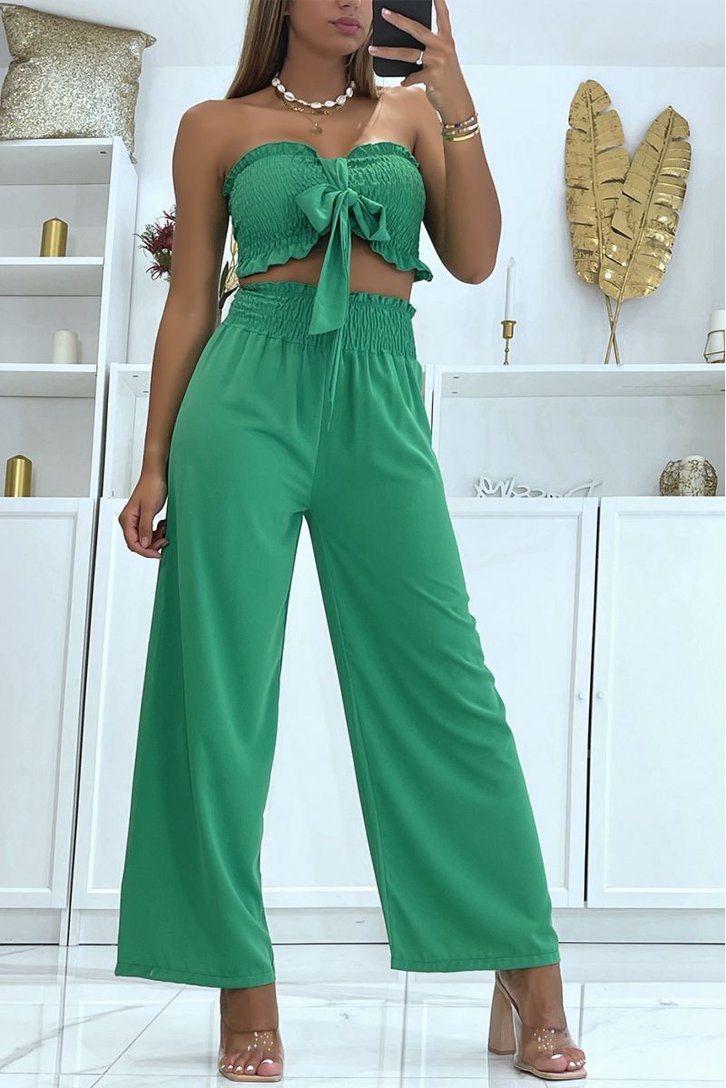 Groene zomerset met crop top met knoop en wijd vallende broek - 2
