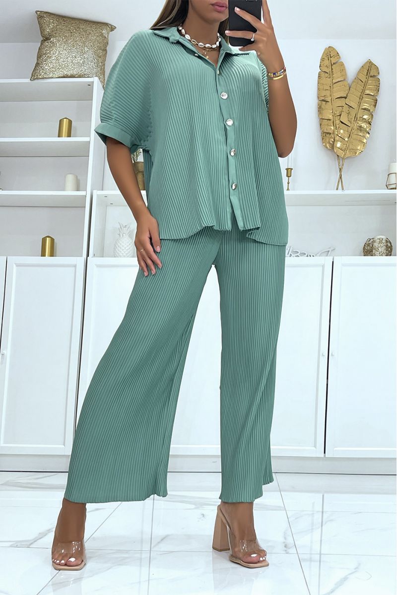 Fluid pleated water green shirt and wide-leg pants set - 1