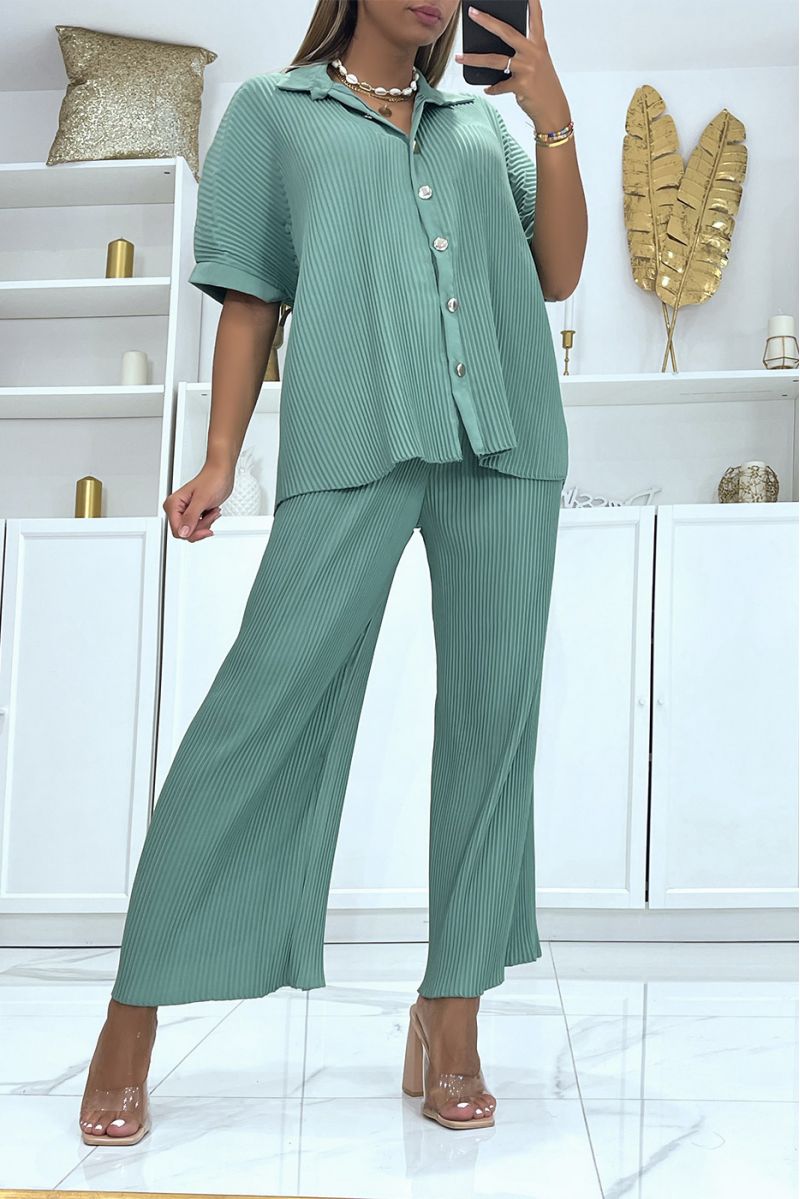 Fluid pleated water green shirt and wide-leg pants set - 3