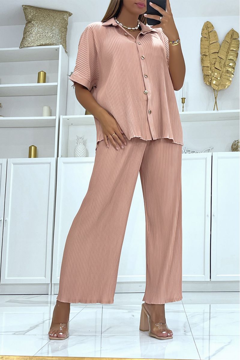Ensemble plissé fluide rose chemise et pantalon large - 1