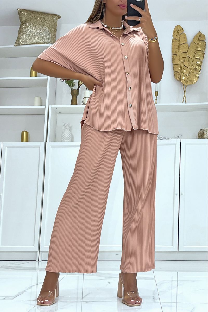 Ensemble plissé fluide rose chemise et pantalon large - 2