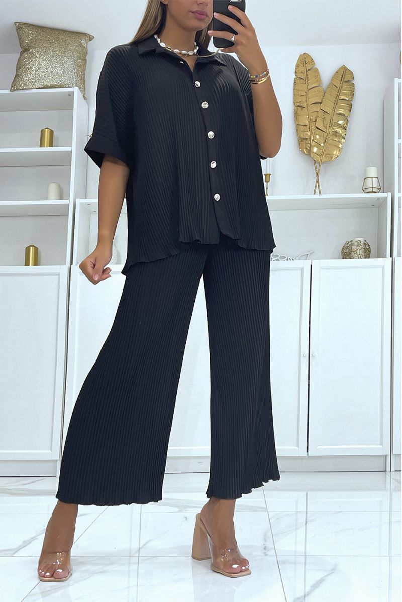 Ensemble plissé fluide noir chemise et pantalon large - 1
