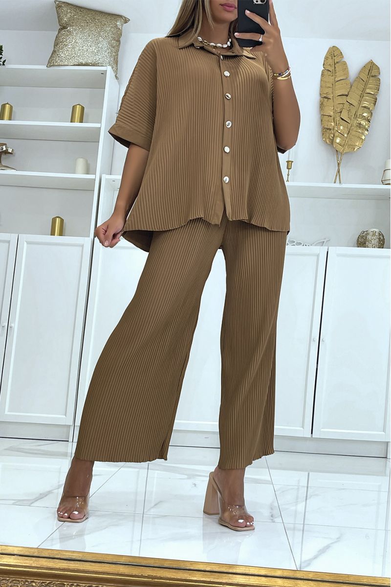 EnCCmble plissé fluide camel chemise et pantalon large - 1