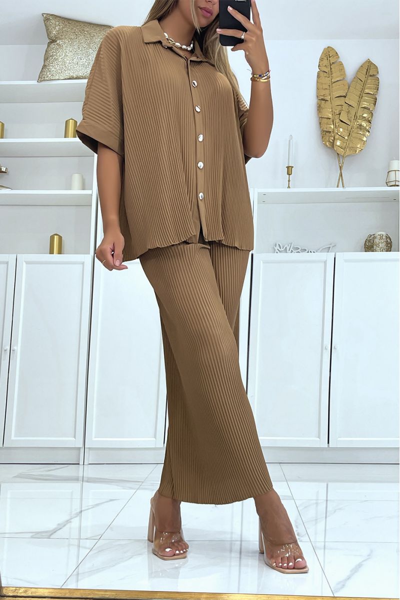 EnCCmble plissé fluide camel chemise et pantalon large - 3