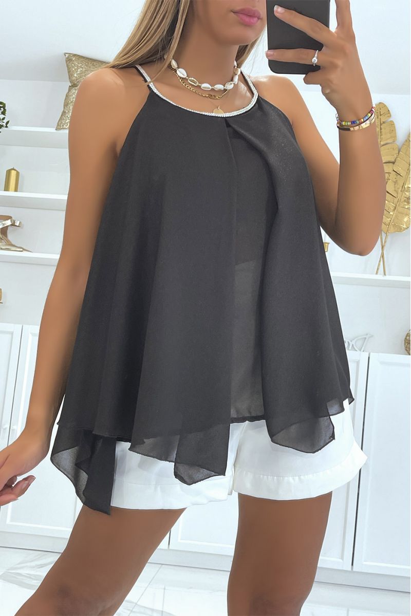 Flowing asymmetric black top with pearl details - 1