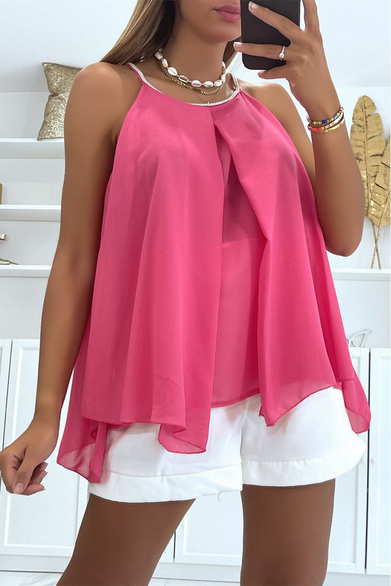 AsFSmetrische fuchsia vloeiende top met pareldetails - 1