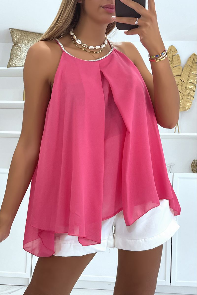 AsFSmetrische fuchsia vloeiende top met pareldetails - 3