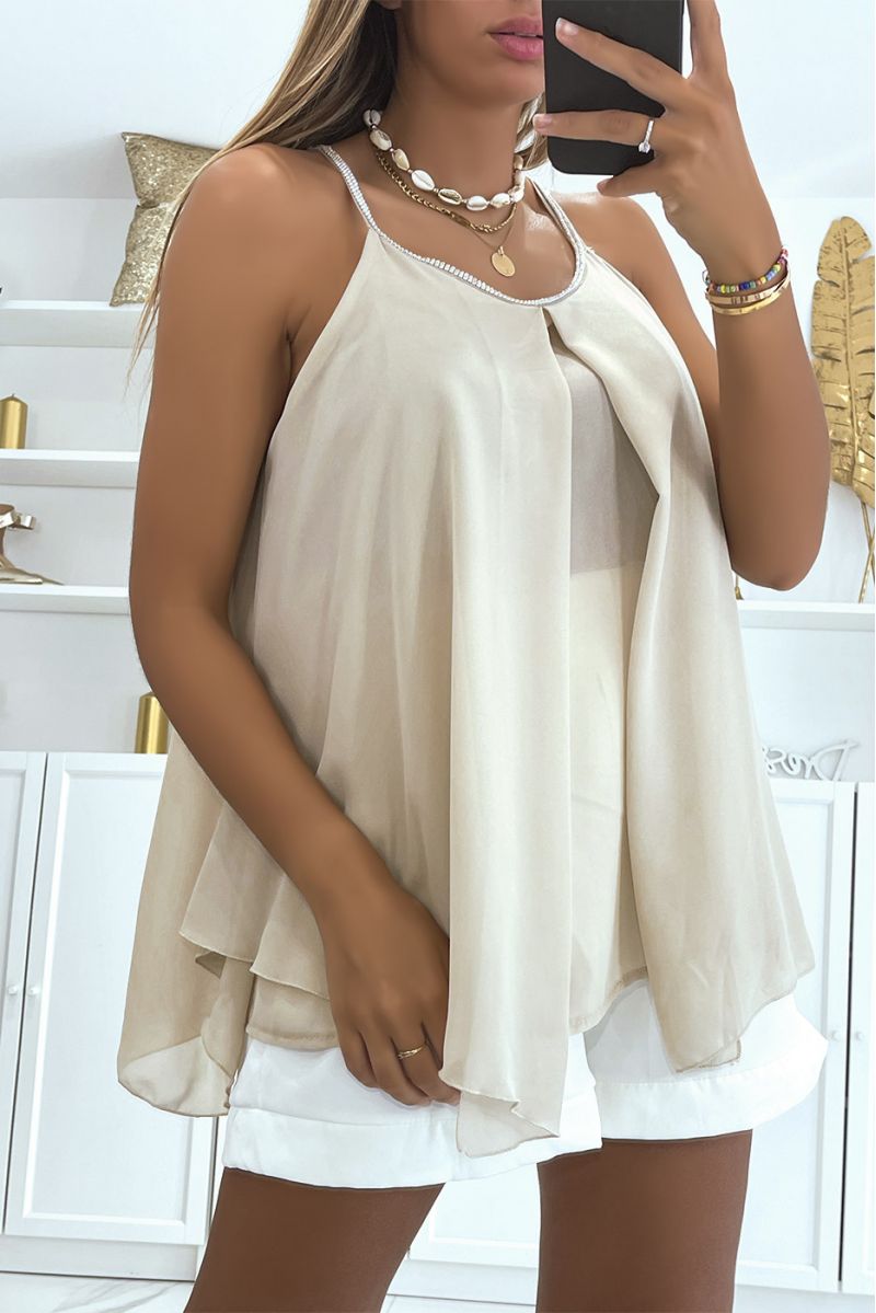 Asymmetrical beige flowing top with pearl details - 1