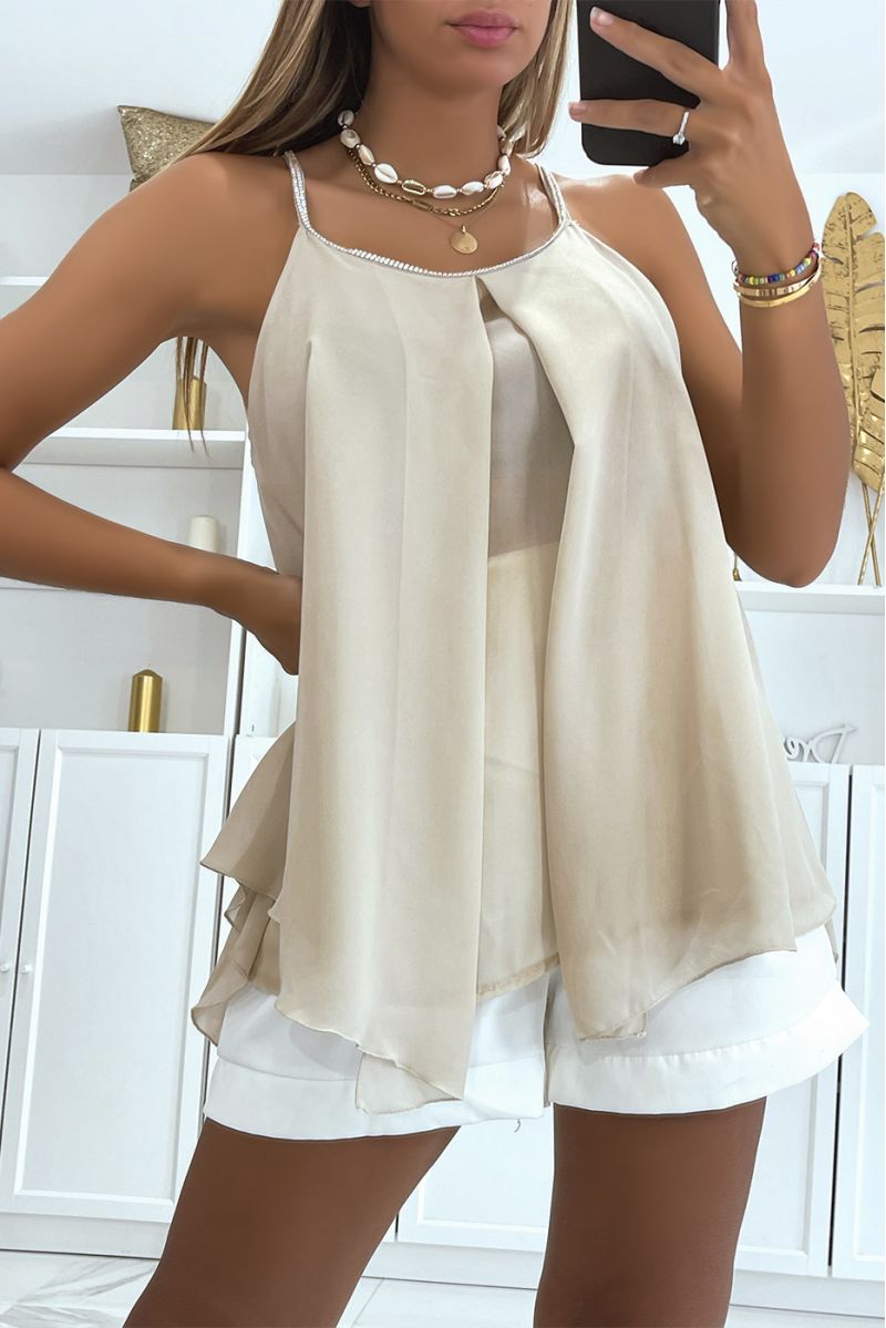Asymmetrical beige flowing top with pearl details - 2