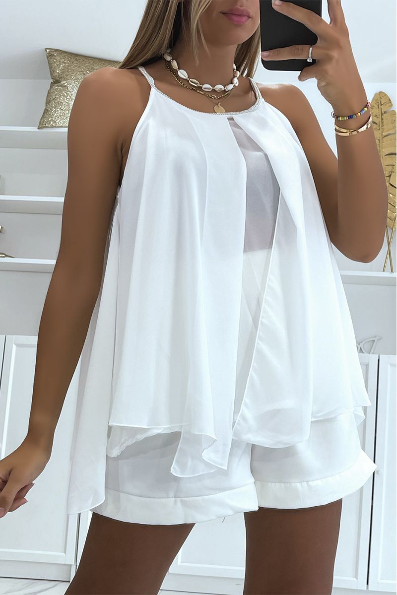 Top fluide blanc asymétrique à détails perles - 1