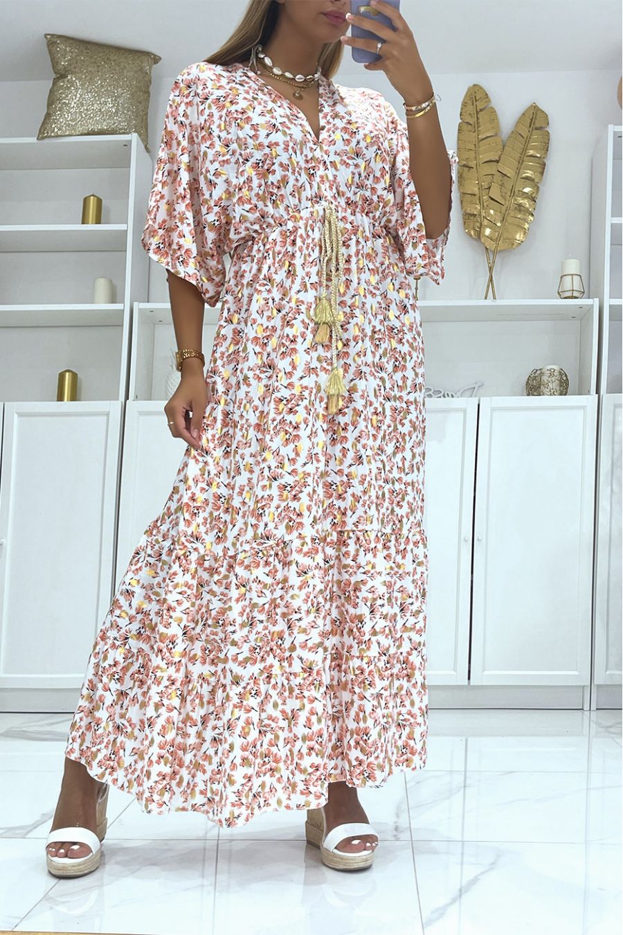 Long white dress fitted at the waist with pretty gold braided belt and floral print and gold foliage - 1