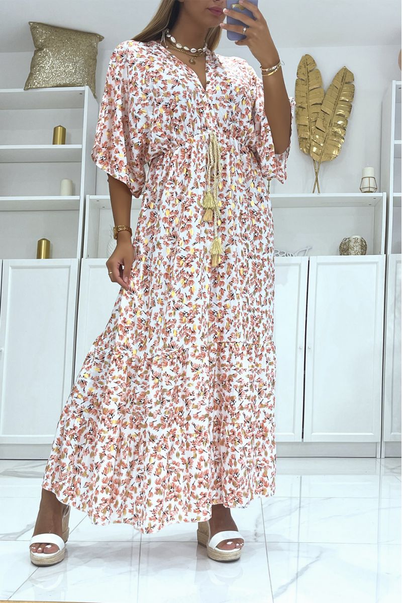 Long white dress fitted at the waist with pretty gold braided belt and floral print and gold foliage - 1