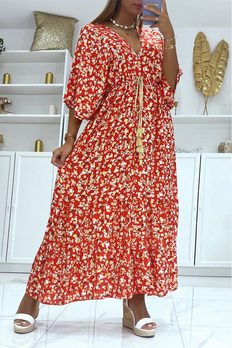 Long red dress fitted at the waist with pretty gold braided belt and floral print and gold foliage - 1