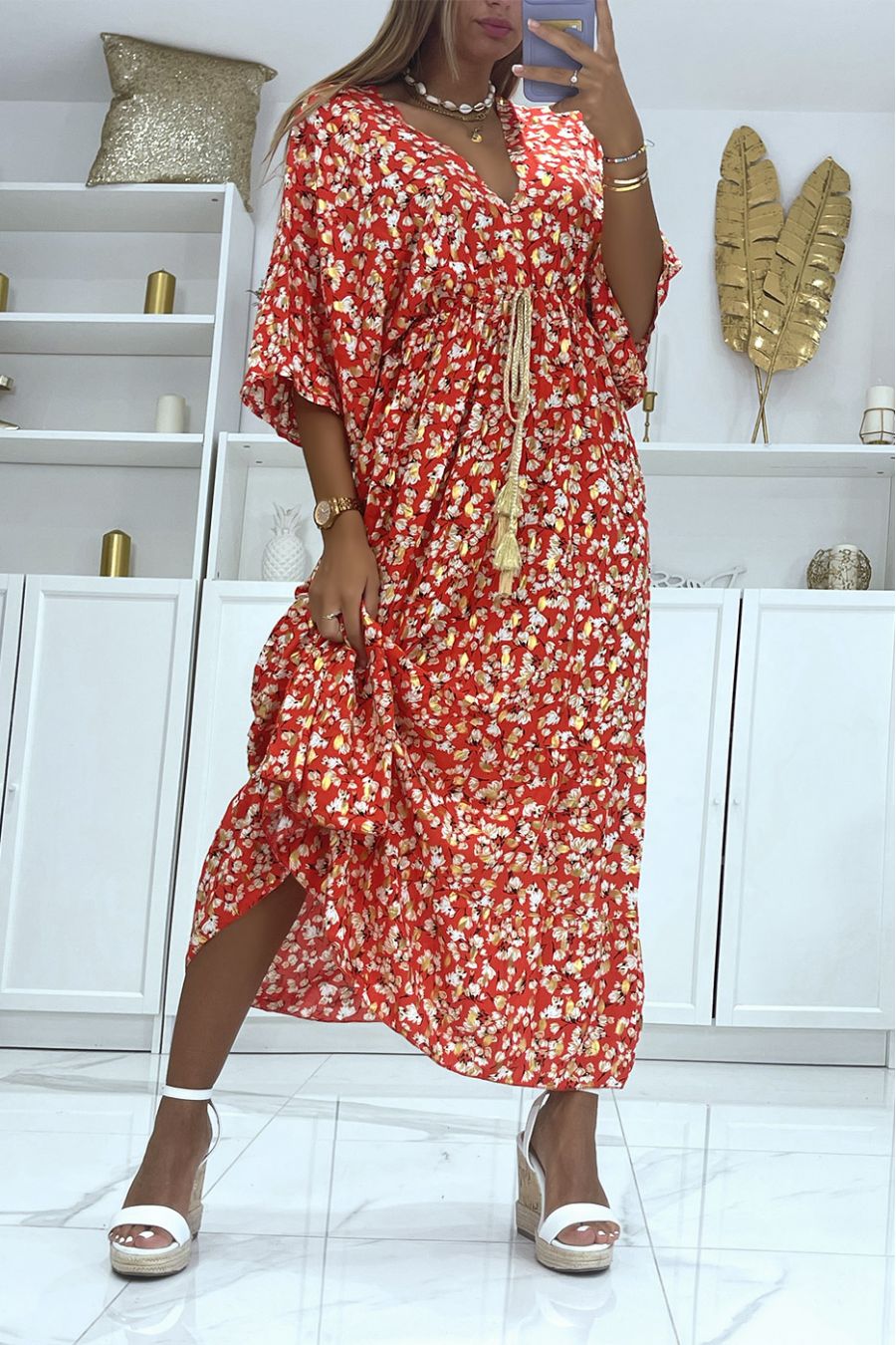 Long red dress fitted at the waist with pretty gold braided belt and floral print and gold foliage - 3