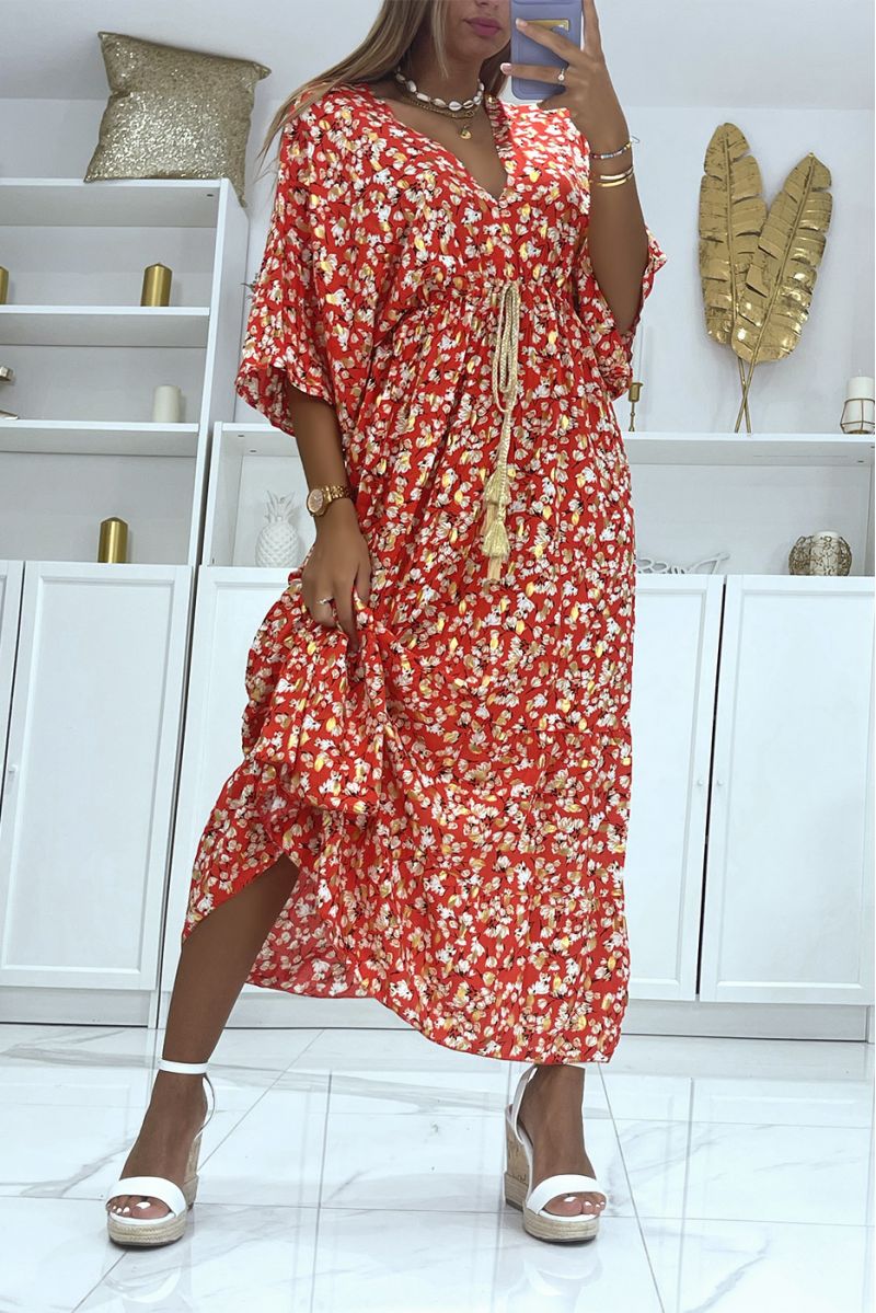 Long red dress fitted at the waist with pretty gold braided belt and floral print and gold foliage - 3