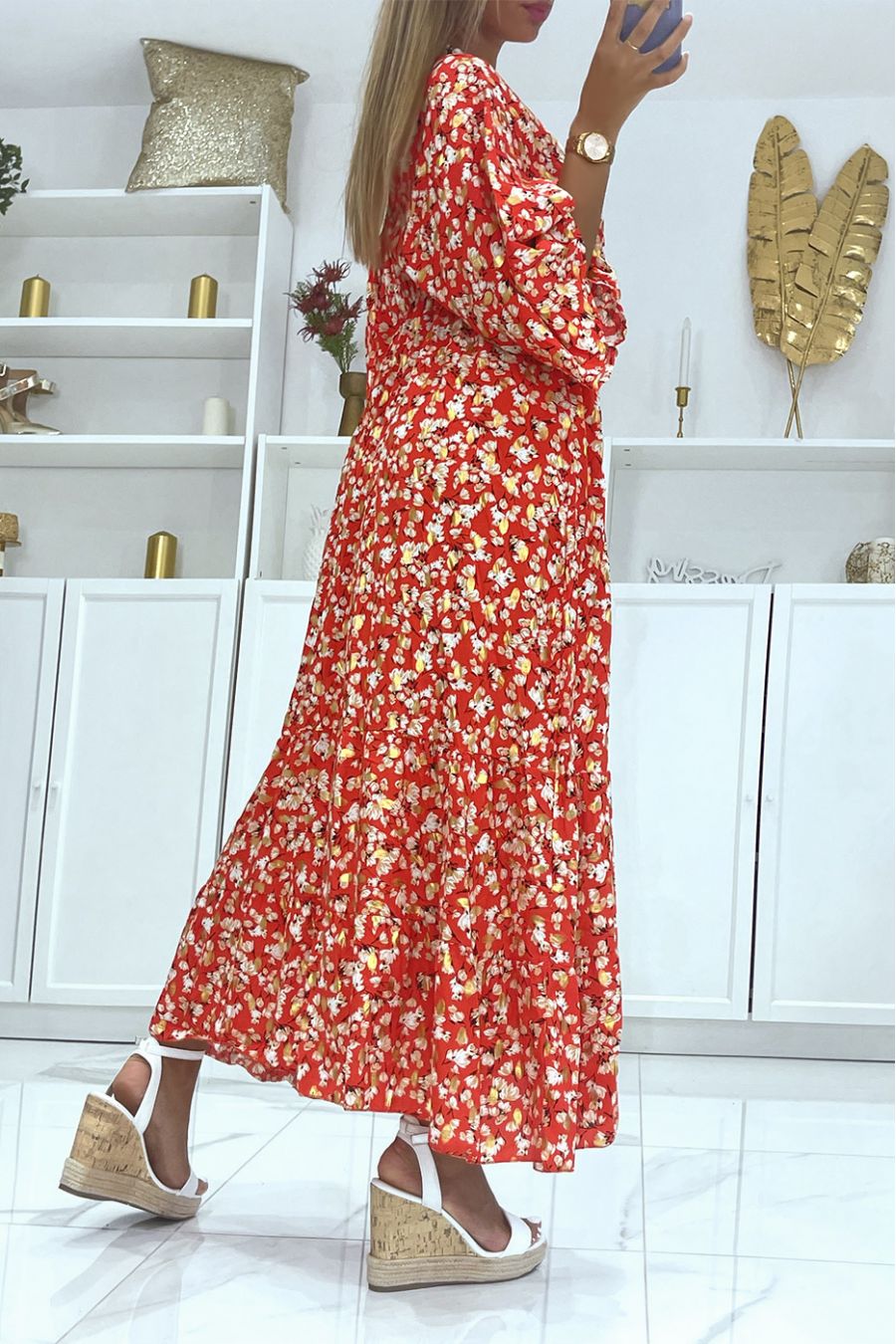 Long red dress fitted at the waist with pretty gold braided belt and floral print and gold foliage - 4