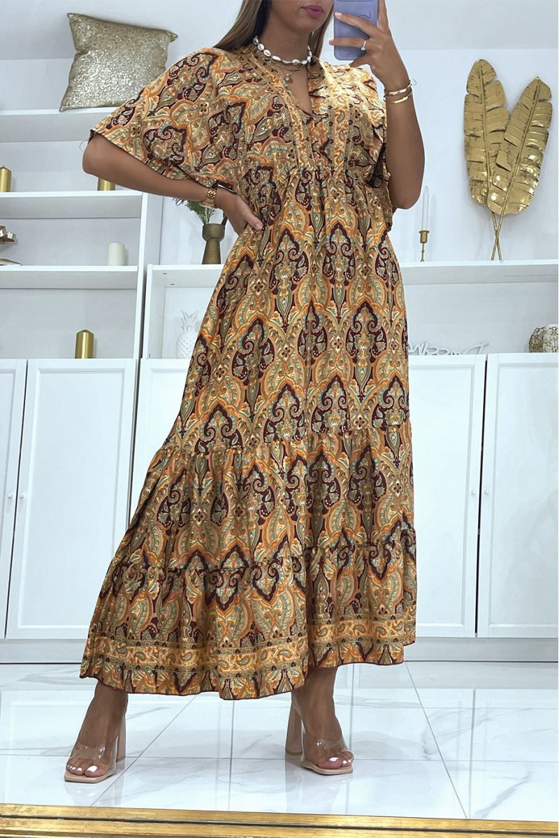Long orange dress with oriental print V-neck with mid-length sleeves fitted at the waist - 1