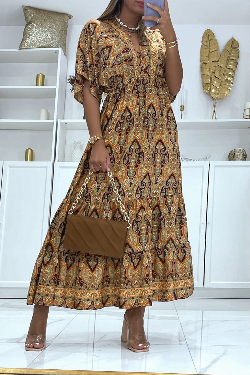 Long orange dress with oriental print V-neck with mid-length sleeves fitted at the waist - 2