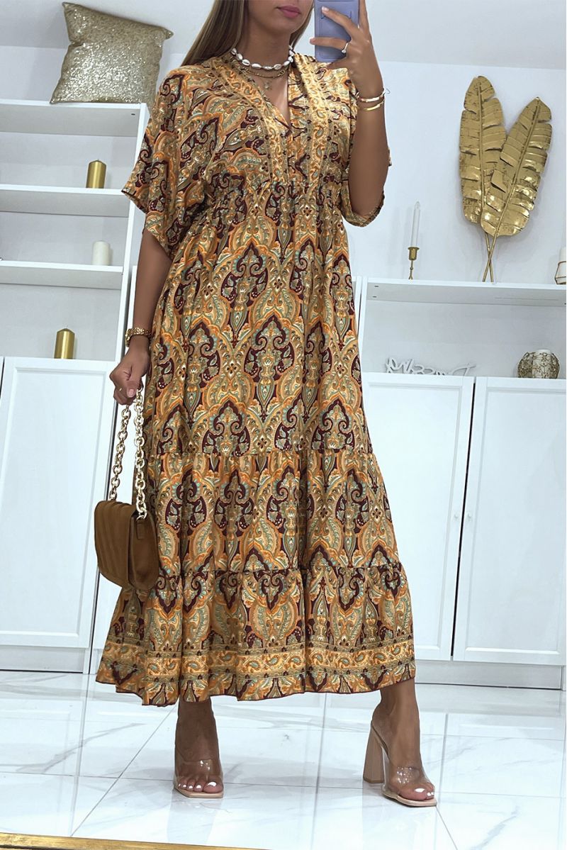 Long orange dress with oriental print V-neck with mid-length sleeves fitted at the waist - 3