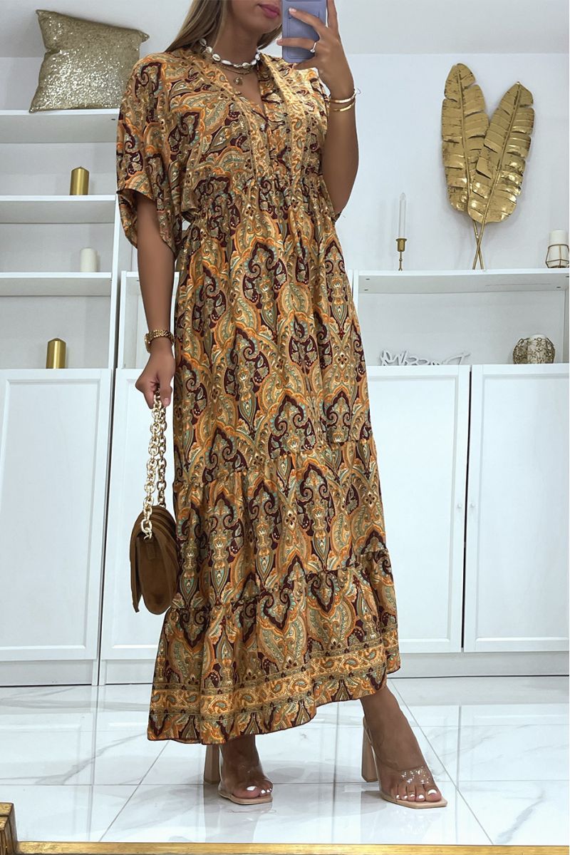 Long orange dress with oriental print V-neck with mid-length sleeves fitted at the waist - 4