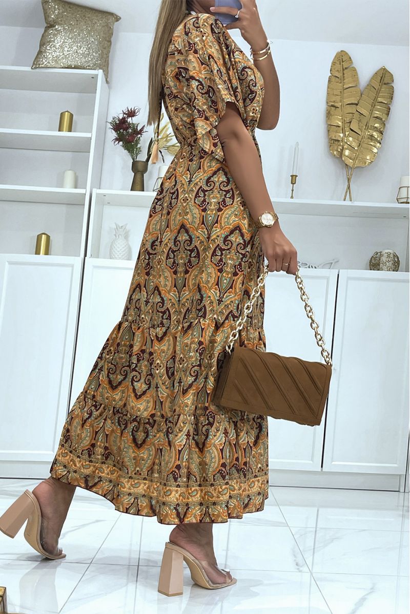 Long orange dress with oriental print V-neck with mid-length sleeves fitted at the waist - 5