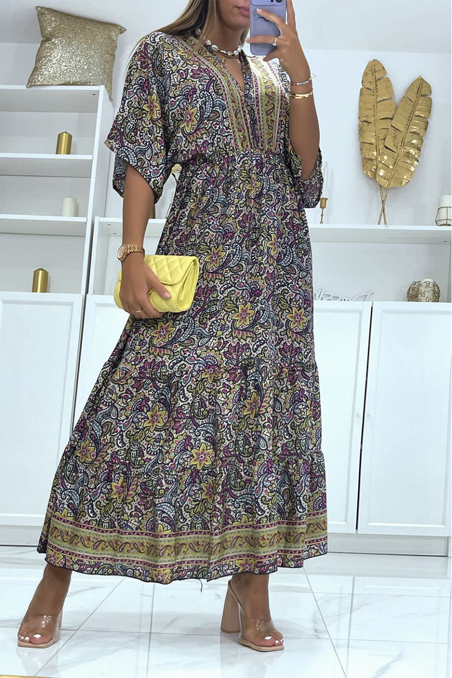Long navy blue dress with oriental print V-neck with mid-length sleeves fitted at the waist - 1