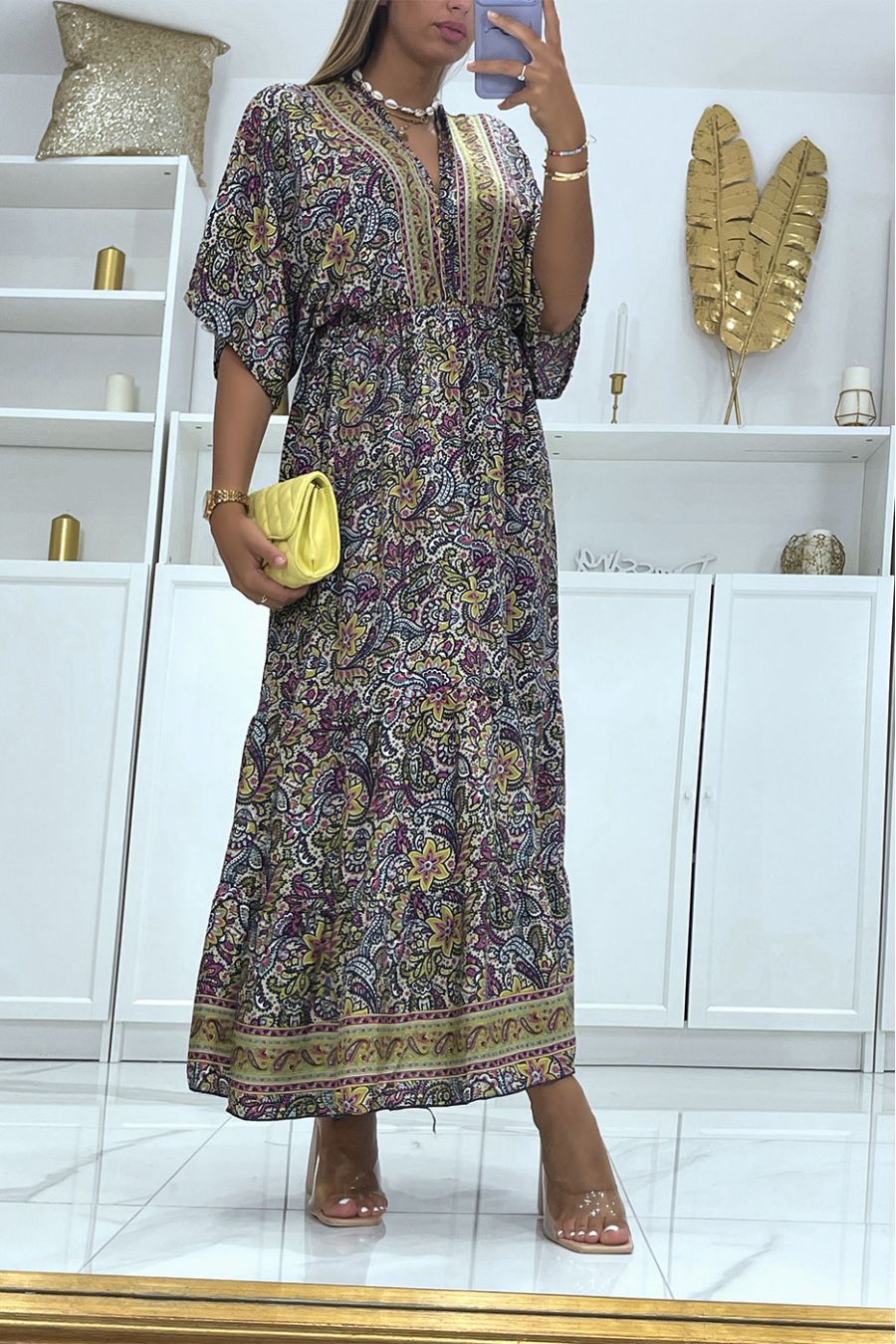 Long navy blue dress with oriental print V-neck with mid-length sleeves fitted at the waist - 2