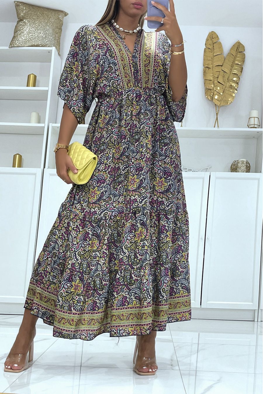 Long navy blue dress with oriental print V-neck with mid-length sleeves fitted at the waist - 3