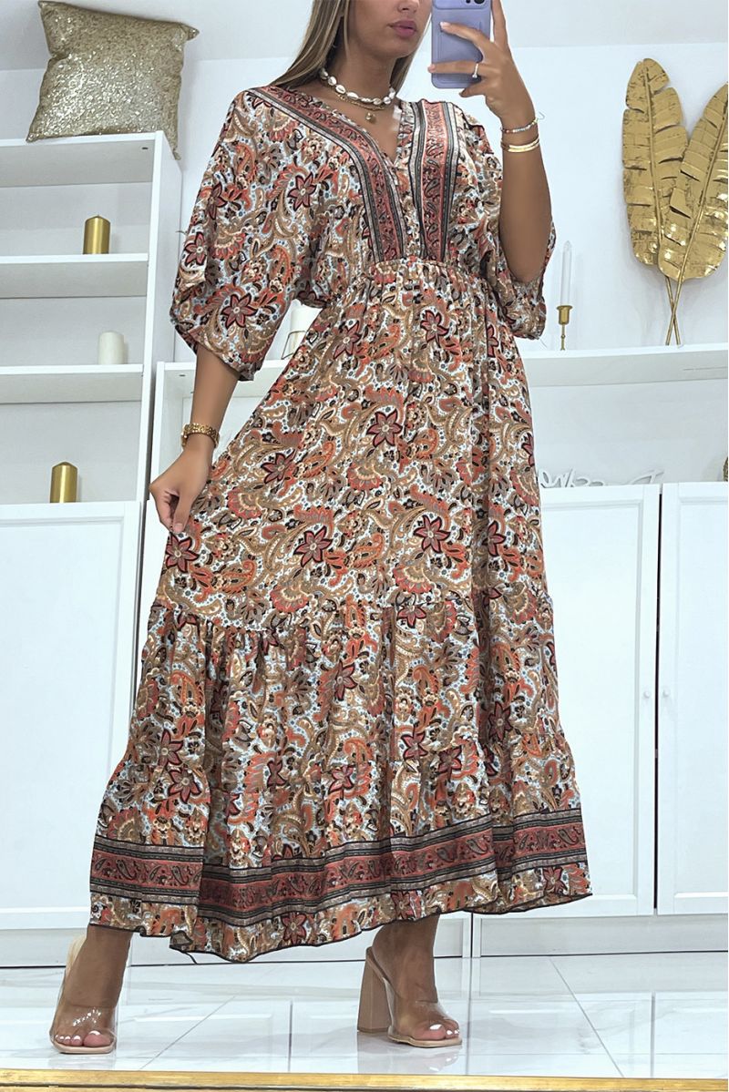 Lange fuchsia jurk met oosterse print V-hals met halflange mouwen in de taille - 1