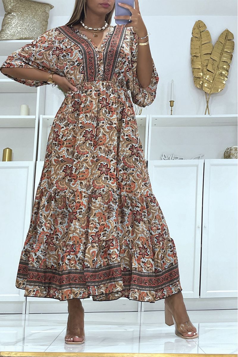 Lange fuchsia jurk met oosterse print V-hals met halflange mouwen in de taille - 2