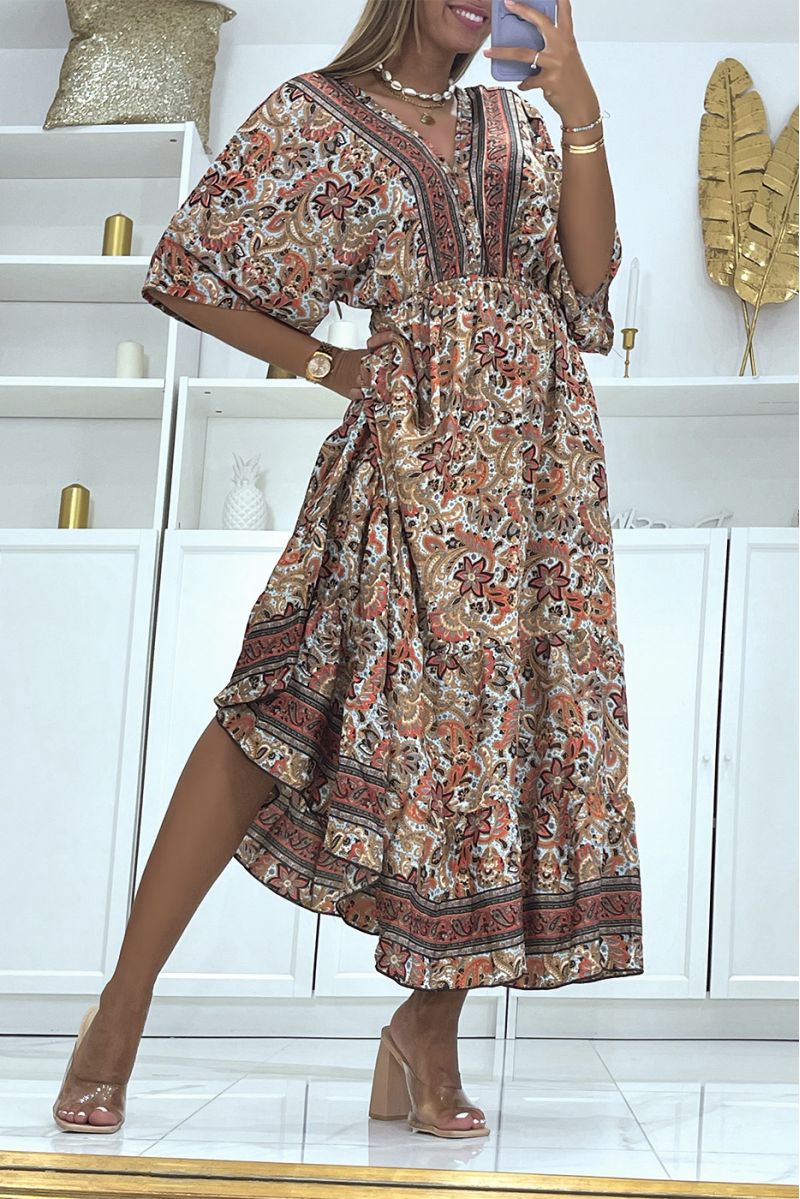 Lange fuchsia jurk met oosterse print V-hals met halflange mouwen in de taille - 3