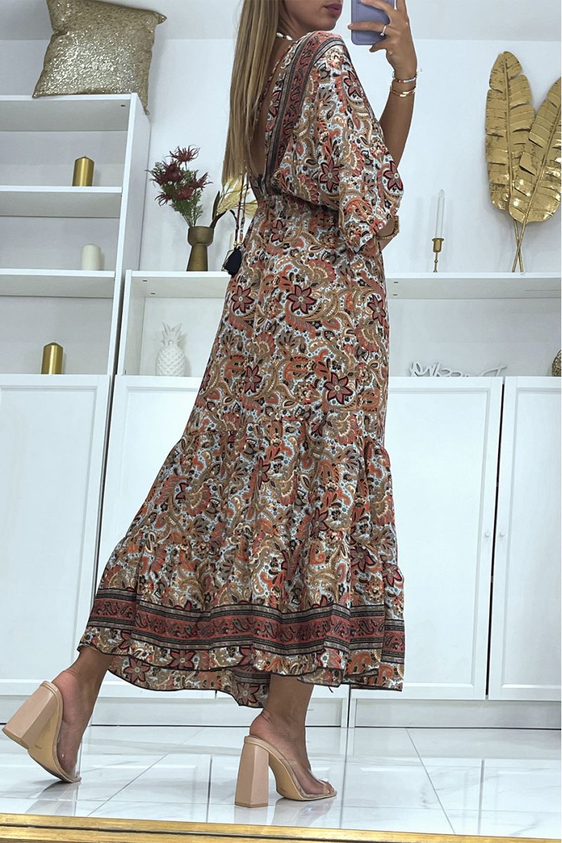 Lange fuchsia jurk met oosterse print V-hals met halflange mouwen in de taille - 4