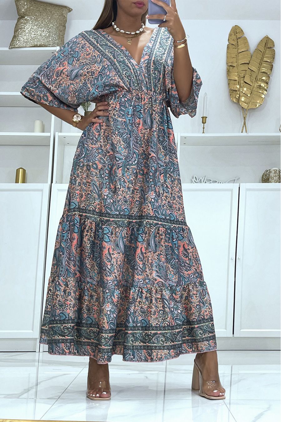 Long blue dress with oriental print V-neck with mid-length sleeves fitted at the waist - 2