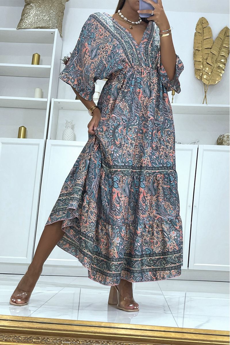Long blue dress with oriental print V-neck with mid-length sleeves fitted at the waist - 3