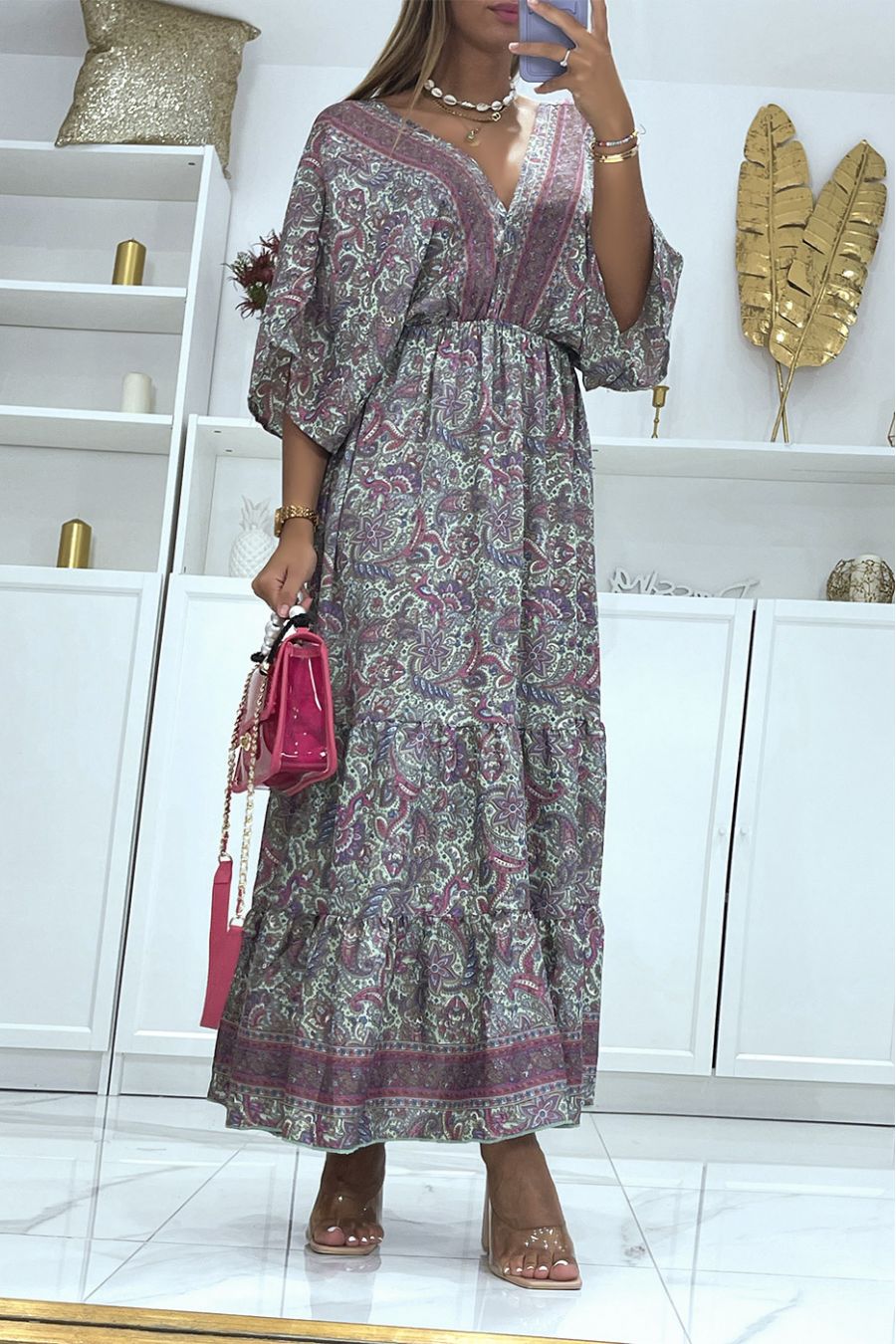 Lange lila jurk met oosterse print V-hals met halflange mouwen in de taille - 2