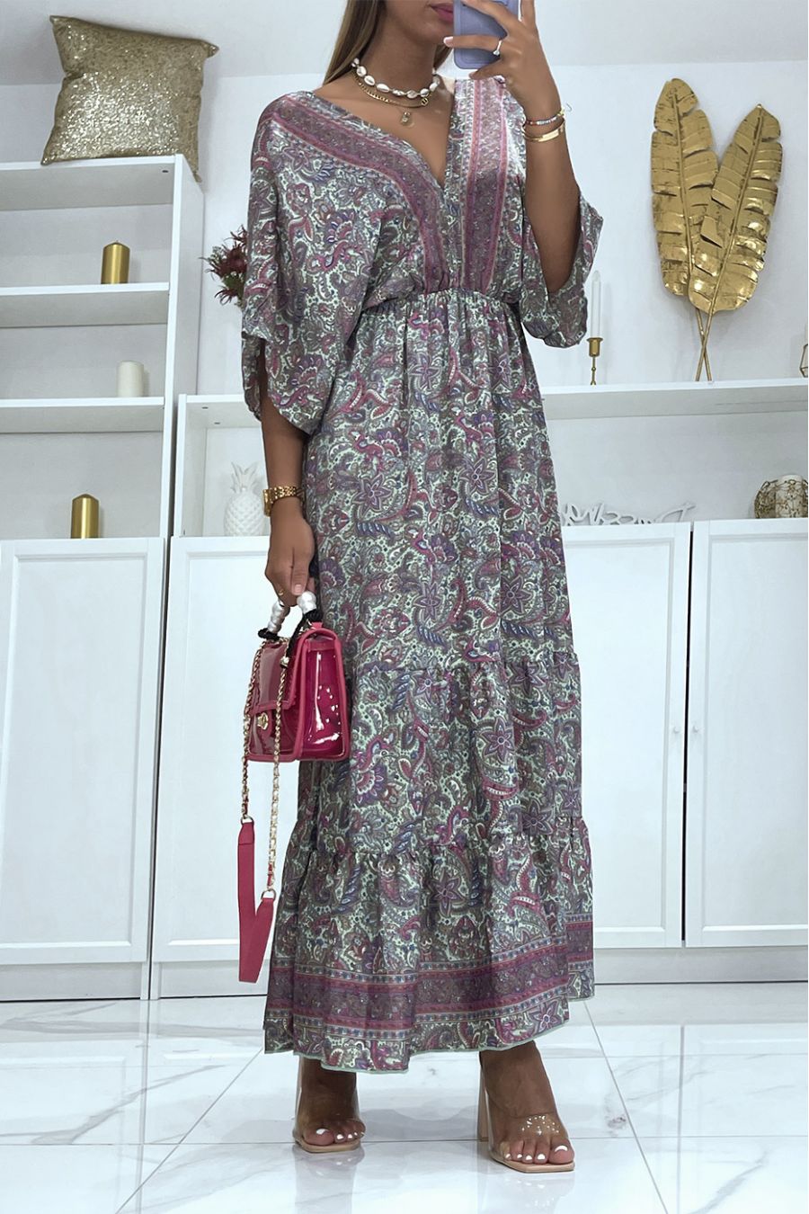 Long lilac dress with oriental print V-neck with mid-length sleeves fitted at the waist - 3