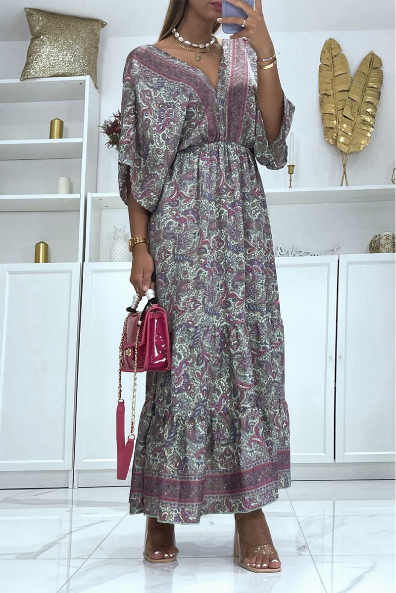 Longue robe lilas  à imprimé oriental col V à manches mi-longue cintrée à la taille  - 3