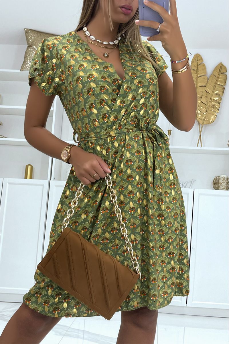 Pretty super fluid khaki wrap tunic dress with belt at the waist with magnificent fan and gilding patterns - 3