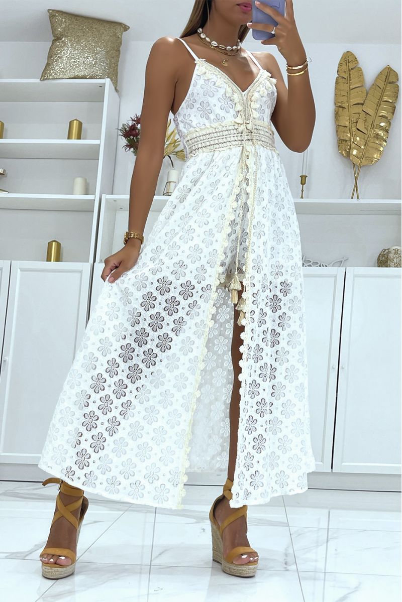 White lace dress with pretty gold and ecru braided details and small pompoms at the V-neck - 4